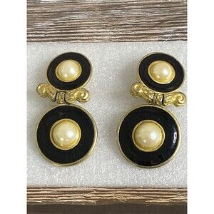 VTG U/S Anne Klein Luxury Etruscan Style Black Enamel & Pearls Clip On Earrings